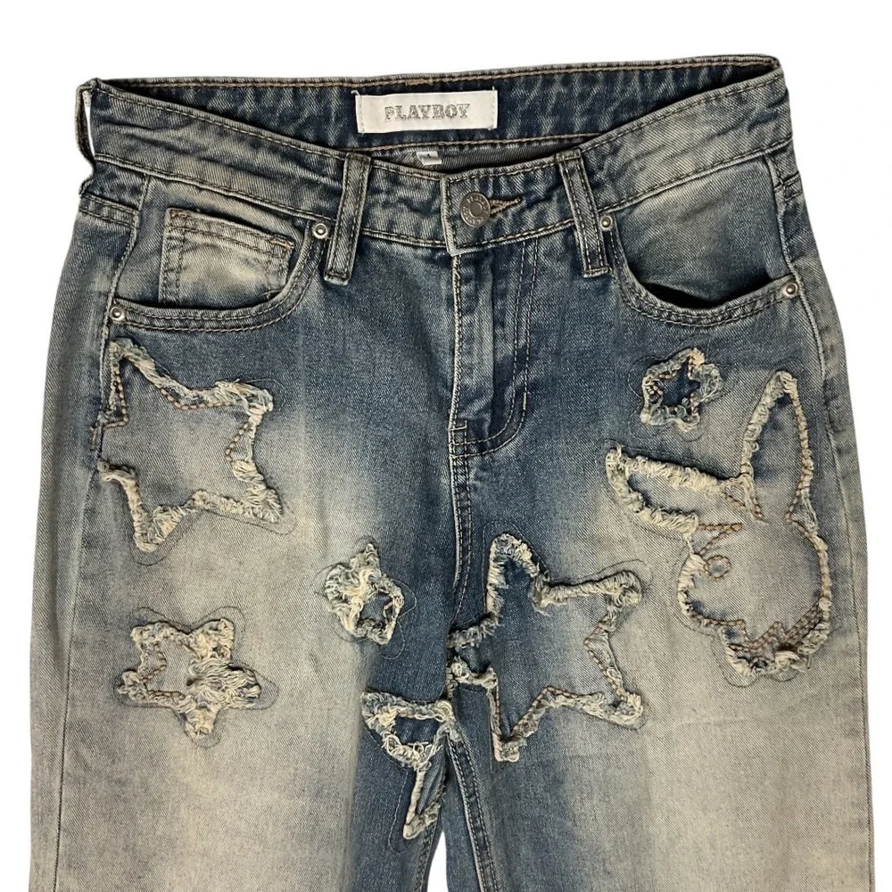 Playboy PacSun Distressed Stars & Bunny Patched Wide-Leg Denim Pants Size 28 NWT